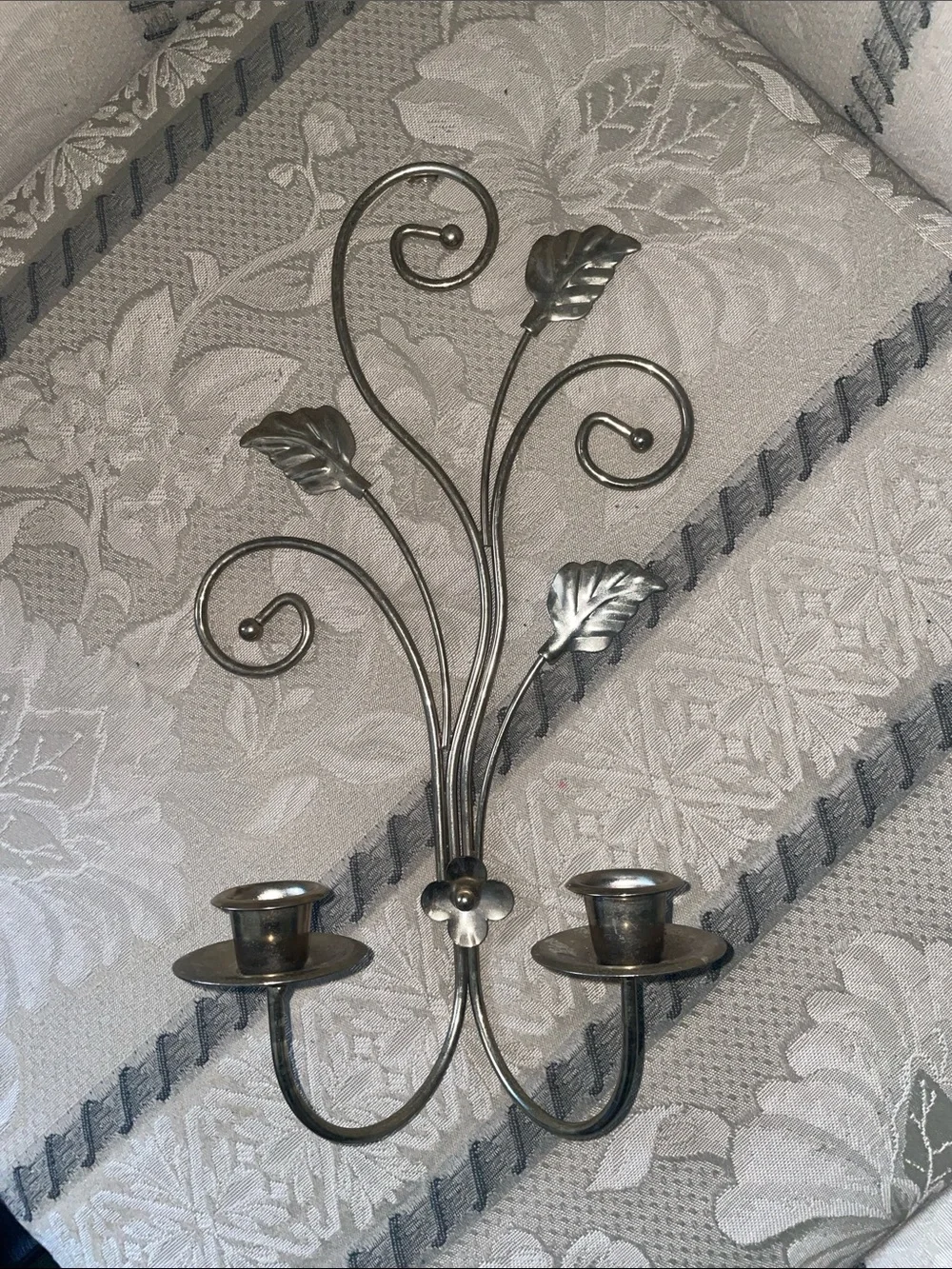 Home Interiors Silver Metal Leaf Two-Arm Wall Candle Sconce